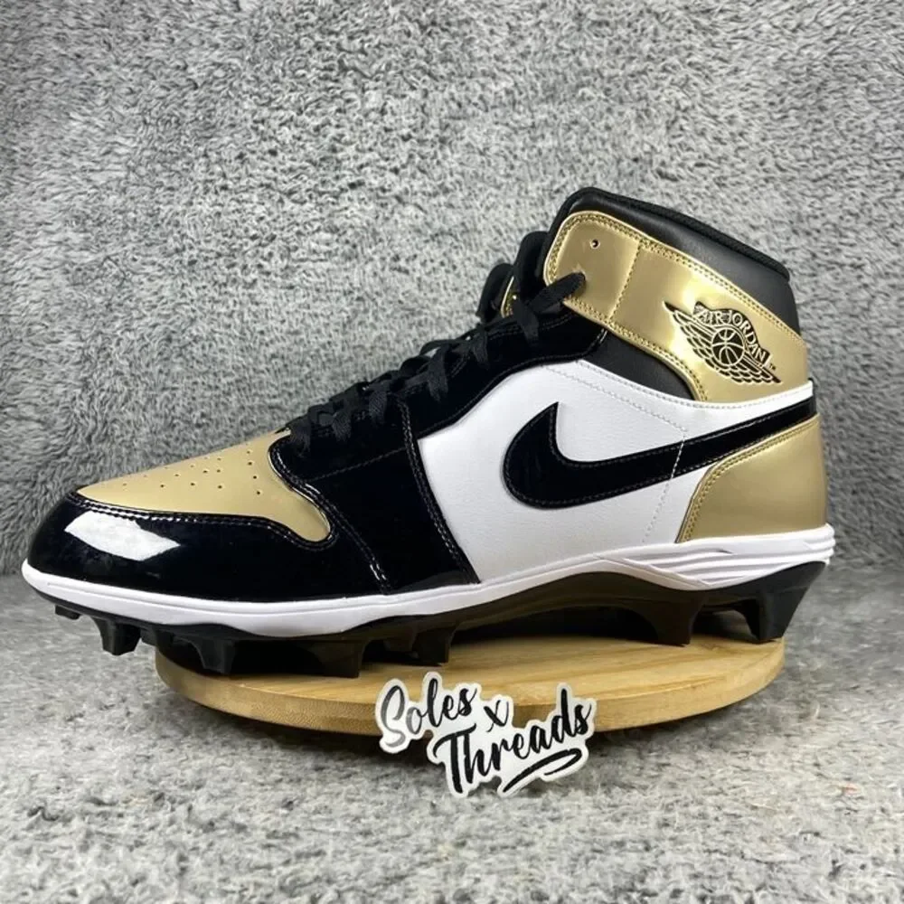 Size 17 Air Jordan 1 Mid TD Football Patent Gold Toe Men FJ6805-701